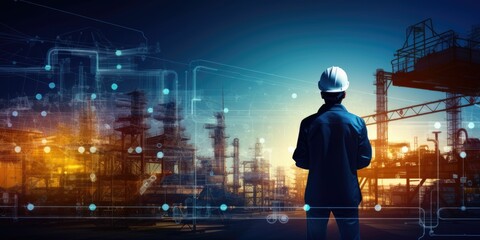 Silhouette engineer control auto robot in industry 4.0 manufacturing with smart connect communication technology including 5g, artificial intelligent AI, big data, IOT. Warm background