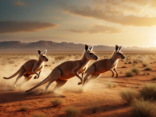 World wildlife day concept running kangaroos on a desert background