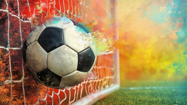 Artistic rendering of a soccer ball hitting the back of a goal net