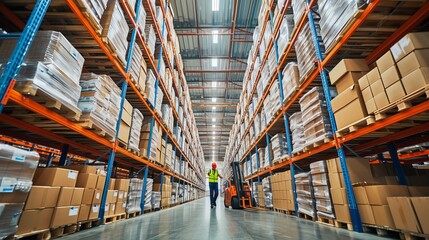 Warehouse worker walking with a forklift in a large warehouse full of shelves - obrazy, fototapety, plakaty