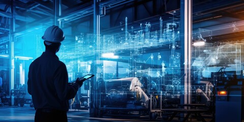 Silhouette engineer control auto robot in industry 4.0 manufacturing with smart connect communication technology including 5g, artificial intelligent AI, big data, IOT. Warm background