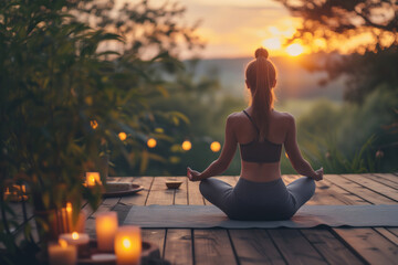 Young woman practicing breathing yoga pranayama outdoors on wooden terrace surrounded with candles, on early morning. Unity with nature concept. - obrazy, fototapety, plakaty