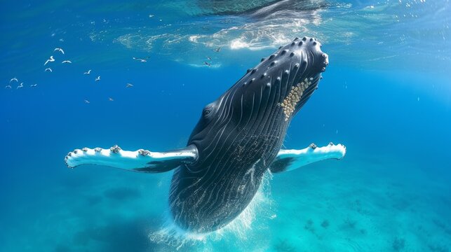 Underwater image of a humpback whale breaching the ocean surface