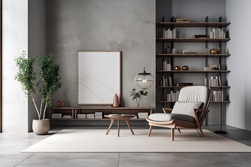 Interior of a living room with a concrete floor, a comfortable armchair, a coffee table, a grey carpet, and a bookcase. minimalist design principle. a mockup