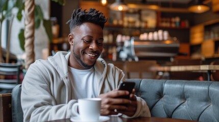 A young African-American man is sitting in a cafe smiling and looking at his phone