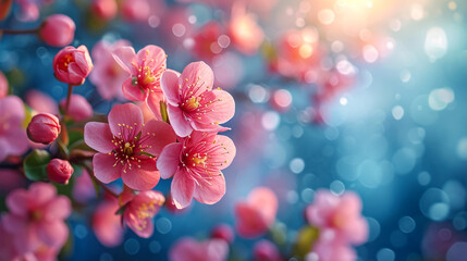 Fototapeta na wymiar Rays of golden morning sunbeams shining through branches of pink sakura cherry blossom trees in spring