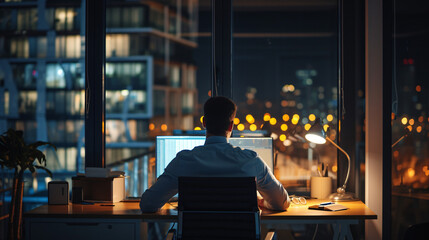 An executive working late in a well-lit spacious office symbolizing dedication. - obrazy, fototapety, plakaty