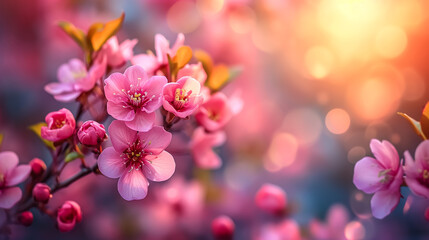 Fototapeta na wymiar Rays of golden morning sunbeams shining through branches of pink sakura cherry blossom trees in spring