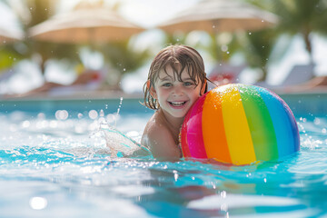 Child playing in swimming pool with colorful floating toy. Little child having fun on family summer vacation in tropical resort. Beach and water toys.