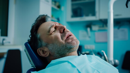 Fototapeta premium Concept of timely treatment and prevention of dental diseases and health insurance, Patient in a chair in the dentist's office and winces from toothache