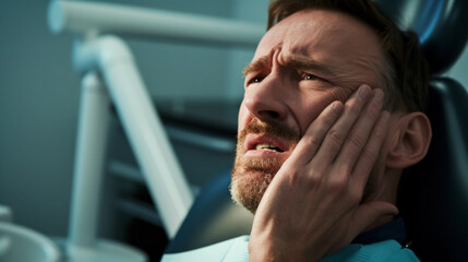 An adult male patient in the dentist's office holds his cheek and winces from a sharp toothache, the concept of timely treatment and prevention of dental diseases and health insurance