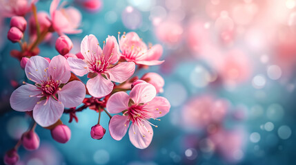 Sakura flowering. Large lush sakura flowers on a tree on a dark background in sunny weather