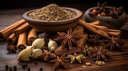 Traditional spices anise, star anise. Ingredients for cooking many dishes. Spices and herbs for cooking. Generative Ai Pro Photo