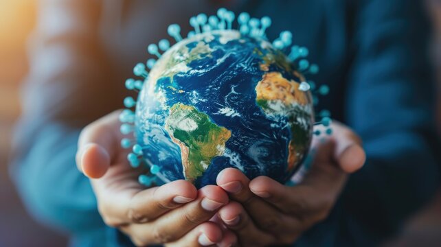 Digital composite of hands holding a holographic globe with virus particles, emphasizing worldwide inter connectivity during a pandemic. - Powered by Adobe
