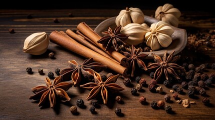Fototapeta na wymiar Traditional spices anise, star anise. Ingredients for cooking many dishes. Spices and herbs for cooking. Generative Ai Pro Photo