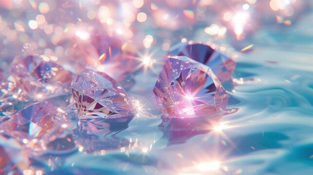 A magical scene brightly colored diamonds in a dreamy palette,  light pink, light blue, and clear diamonds gracefully floating in light blue water.