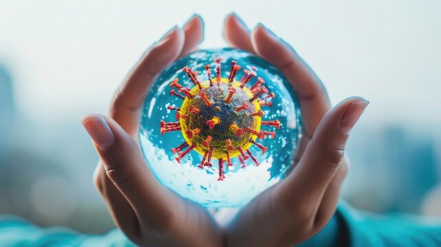 Digital composite of hands holding a holographic globe with virus particles, emphasizing worldwide inter connectivity during a pandemic.
