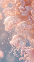 Pearl and Transparent Crystal Jellyfish Gliding Through a Pool of Water, Light Pink Hue in a Y2K Aesthetic Setting.