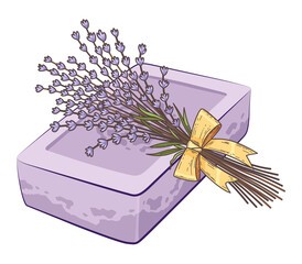 Lavender soap bar with lavender flower. Handmade natural soap. Fragrant herb for cosmetics and skincare. Herbal bodycare promote. Aromatherapy and skin hygiene, eco herbal cosmetics for bath
