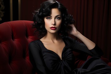 Timeless beauty in a classic Hollywood glamour pose against a backdrop of deep, velvety blacks