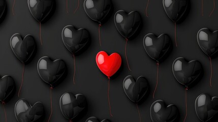Black balloons and one red love balloon. valantine day