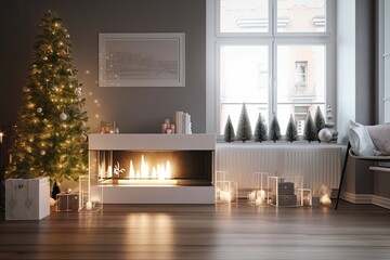 Christmas trees and gifts are displayed next to a modern fireplace in the room