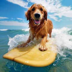 A playful pup glides effortlessly on a surfboard, embracing the ocean's embrace and the freedom of the outdoors, with his sandy brown fur glistening in the sun and his loyal yellow eyes fixed on the  - obrazy, fototapety, plakaty
