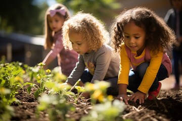 Step into the vibrant world of a community garden, where a group of children wholeheartedly engage in tending to their plants and flowers