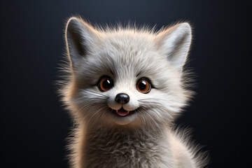Obraz premium Adorable 3D cartoon gray fox close-up portrait on a black background.