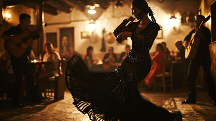 An intimate Flamenco dance performance in a historic Spanish tavern full of passion and emotion. - obrazy, fototapety, plakaty