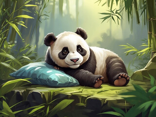 World wildlife day concept Cartoon Baby Panda Napping in a Bamboo Grove illustration