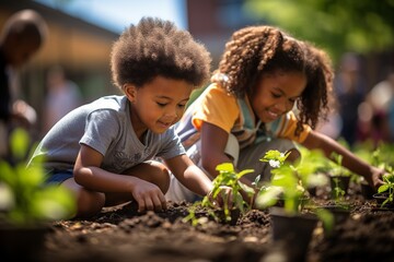 Step into the vibrant world of a community garden, where a group of children wholeheartedly engage in tending to their plants and flowers