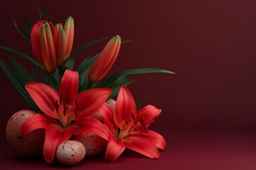 A classic and elegant composition of red lilies, with tasteful Easter decor, set against a plain, burgundy background. easter eggs and flowers