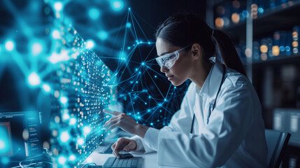 Revolutionizing healthcare through medical tech: Doctors and technicians leverage AI for data analysis, intertwining lab experiments with pioneering data science in medical research.