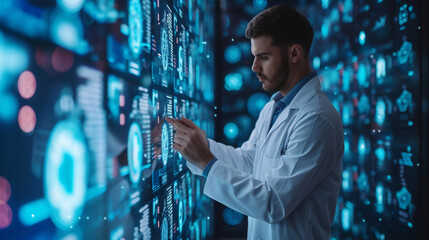 Revolutionizing healthcare through medical tech: Doctors and technicians leverage AI for data analysis, intertwining lab experiments with pioneering data science in medical research.
