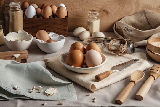 On the kitchen table are a wooden board, an egg carton, utensils, and a napkin. Blank space
