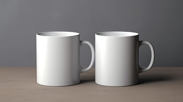 Mug Mockup - Two blank white mugs standing on concrete floor