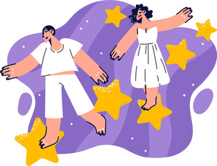 Happy couple walks on stars in space, for concept of fantasies and dreams about traveling through galaxy. People in love in white clothes walk together in starry sky or space exploring universe