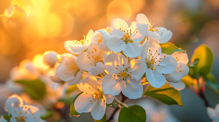 White fresh cherry flowers blossom, branch of a tree. Blooming spring pretty pastel background. Sun...