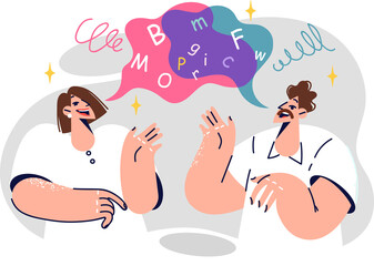 Two polyglots converse learning english, practicing correct pronunciation of foreign words. Young polyglots of college age stand with smile near conversation bubbles with latin letters