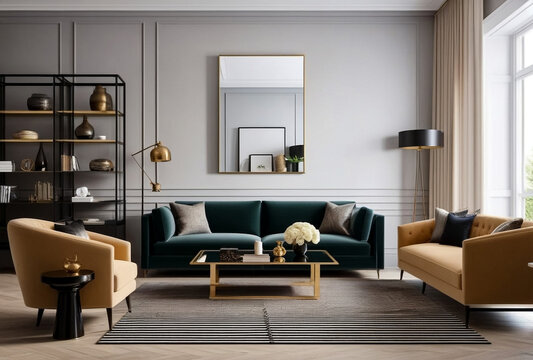Modern interior of home living room with designer furniture with sofa, mirror, shelves, armchair and elegant personal accessories. Stylish neutral home decor. Design style concept. Copy ad text space