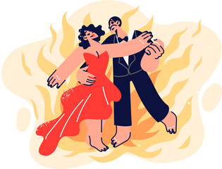 Dancing couple performs passionate salsa dance, demonstrating fiery passion, dressed in tuxedo and elegant dress. Man and woman attending Latin American dance school or performing at music party - obrazy, fototapety, plakaty