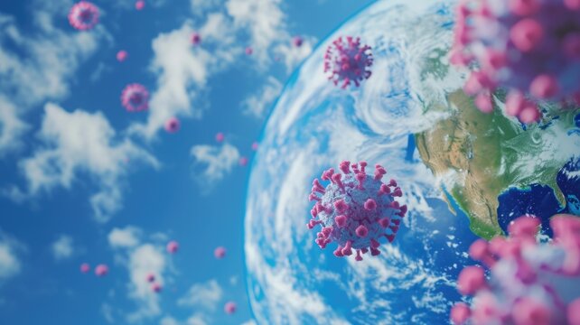 Earth with floating coronavirus particles, concept of a global pandemic