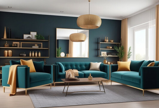 Stylish interior of home living room with design furniture with sofa, mirror, shelves, armchair and elegant personal accessories. Modern neutral home decor. Designer style concept. Copy ad text space