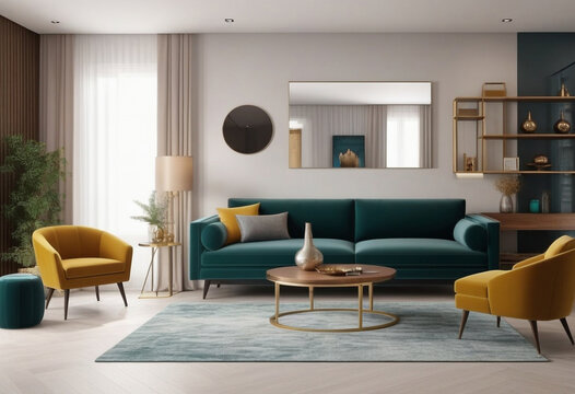 Stylish interior of home living room with design furniture with sofa, mirror, shelves, armchair and elegant personal accessories. Modern neutral home decor. Designer style concept. Copy ad text space