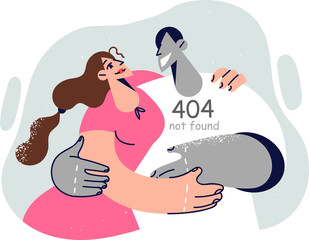 Woman hugging fictional boyfriend with inscription error 404 not found, for concept loneliness. Girl with psychological disorder due to absence of husband and loneliness, meets with non-existent guy