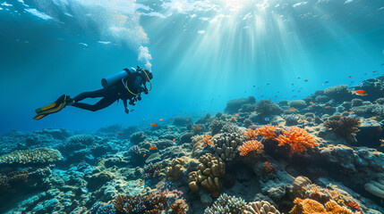 An underwater scene of scuba diving near a coral reef. - obrazy, fototapety, plakaty