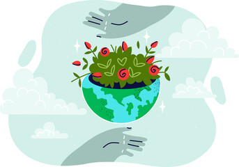 Globe with green plants symbolizing environmental sustainability and stability, near people hands and clouds. Concept caring for environment to save environment from pollution and harmful emissions