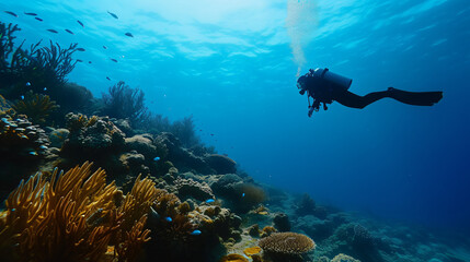 Fototapeta na wymiar An underwater scene of scuba diving near a coral reef.