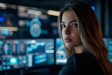 A female model working as a cybersecurity expert in a high-tech security operations center
